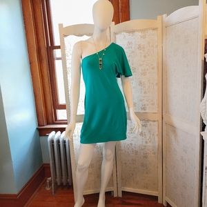 Vintage Turquoise one shoulder Disco Dress sz M